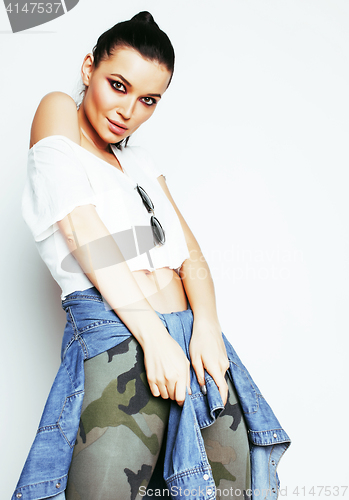 Image of young pretty brunette girl hipster with makeup on white backgrou