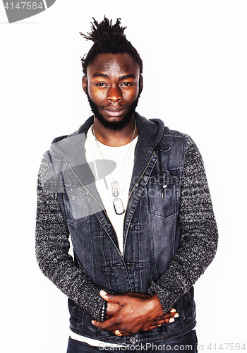 Image of young handsome african american boy smiling emotional isolated on white background, in motion gesturing smiling, lifestyle people concept