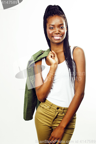 Image of young pretty african-american girl posing cheerful emotional on white background isolated, lifestyle people concept