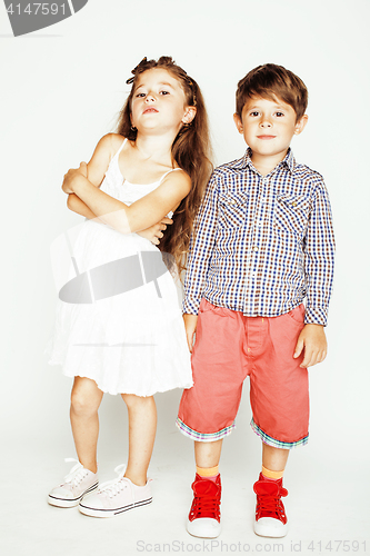 Image of little cute boy and girl hugging playing on white background, happy smiling family, lifestyle people concept