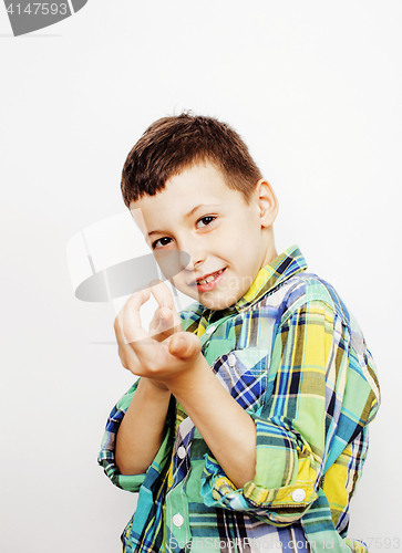 Image of young pretty little boy kid wondering, posing emotional face isolated on white background, gesture happy smiling close up, lifestyle people concept