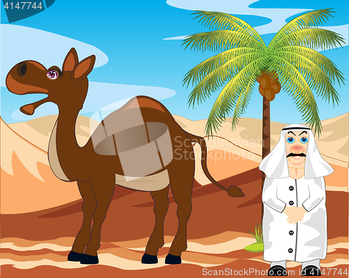 Image of Arab with camel in desert