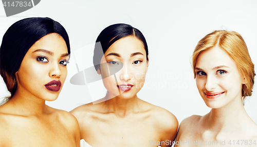 Image of three different nation woman: asian, african-american, caucasian together isolated on white background happy smiling, diverse type on skin, lifestyle people concept