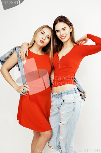 Image of best friends teenage girls together having fun, posing emotional on white background, besties happy smiling, lifestyle people concept