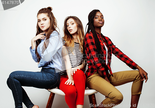 Image of diverse multi nation girls group, teenage friends company cheerful having fun, happy smiling, cute posing isolated on white background, lifestyle people concept, african-american and caucasian