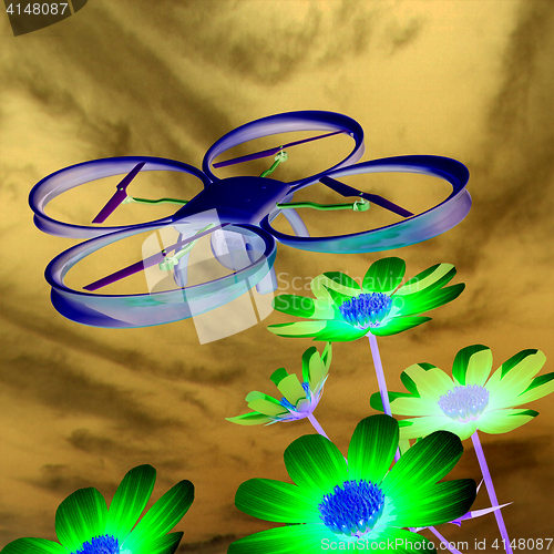 Image of Drone, quadrocopter, with photo camera against the sky and Beaut