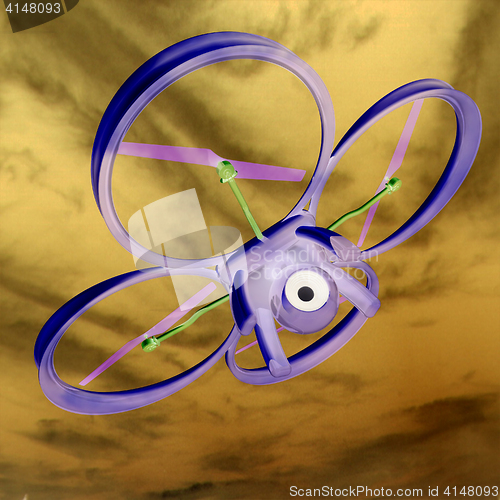 Image of Drone, quadrocopter, with photo camera against the sky. 3D illus