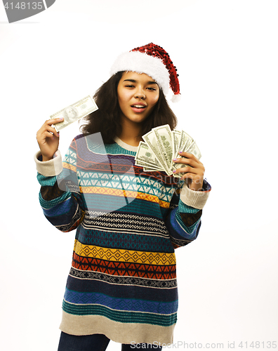 Image of cute young real african hipster girl in santas red hat isolated 