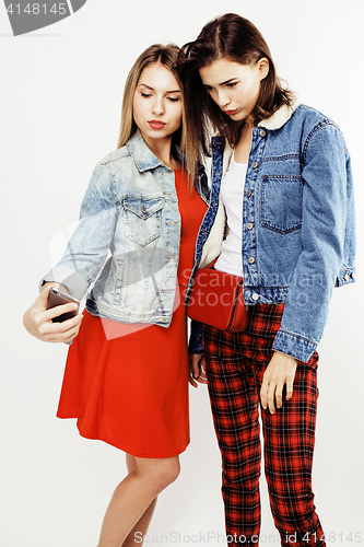 Image of best friends teenage girls together having fun, posing emotional on white background, besties happy smiling, lifestyle people concept