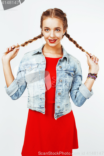 Image of young pretty stylish hipster blond girl with pigtails posing emotional isolated on white background happy smiling cool smile, lifestyle people concept