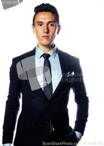 Image of young pretty business man standing on white background, modern hairstyle, posing emotional, lifestyle people concept