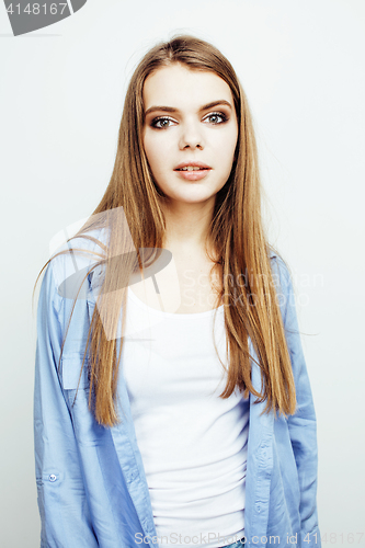 Image of young pretty stylish hipster teen blond girl posing emotional isolated on white background happy smiling cool smile, lifestyle people concept