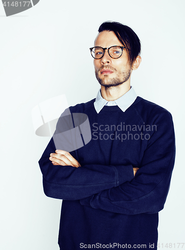 Image of handsome middle age hipster man with modern hairstyle and tattoo, beard, close up on white background