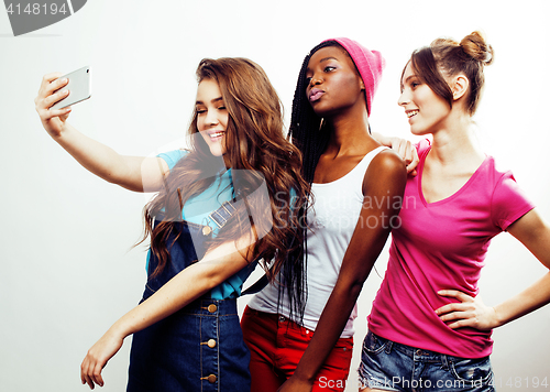 Image of diverse multi nation girls group, teenage friends company cheerful having fun, happy smiling, cute posing isolated on white background, lifestyle people concept, african-american and caucasian