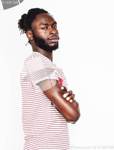 Image of young handsome african american boy smiling emotional isolated on white background, in motion gesturing smiling, lifestyle people concept