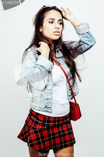 Image of young happy smiling latin american teenage girl emotional posing on white background, lifestyle people concept, school uniform wearing glasses