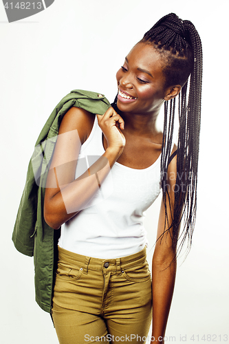 Image of young pretty african-american girl posing cheerful emotional on white background isolated, lifestyle people concept