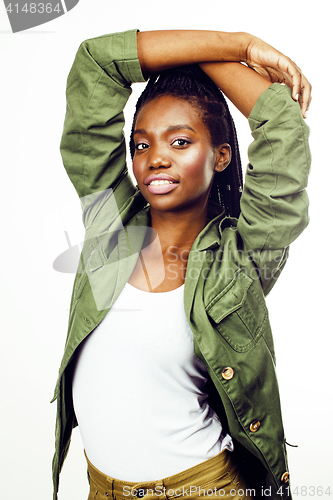 Image of young pretty african-american girl posing cheerful emotional on white background isolated, lifestyle people concept