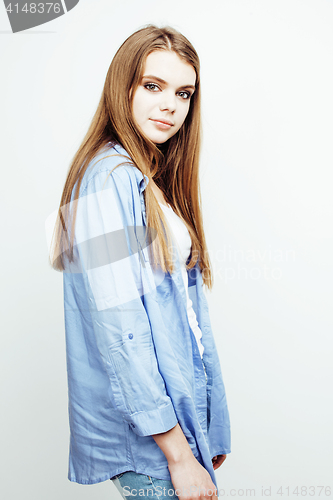 Image of young pretty stylish hipster teen blond girl posing emotional isolated on white background happy smiling cool smile, lifestyle people concept