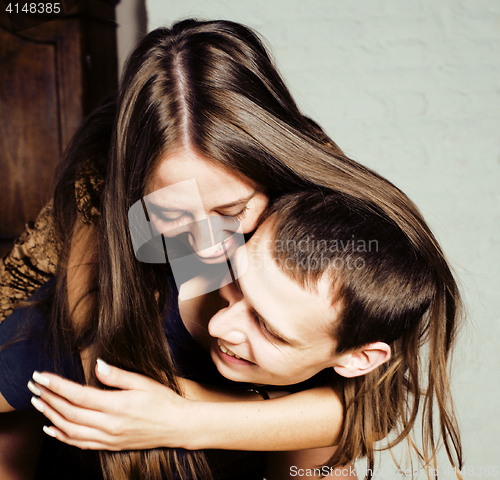 Image of young tender couple, man and woman in love isolated on white, lifestyle people concept