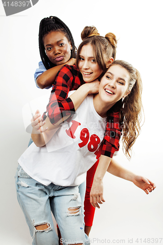 Image of diverse multi nation girls group, teenage friends company cheerful having fun, happy smiling, cute posing isolated on white background, lifestyle people concept, african-american and caucasian 