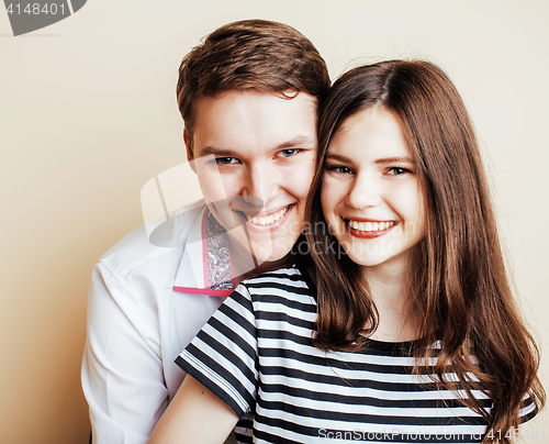 Image of young tender couple, man and woman in love isolated on white, lifestyle people concept