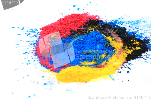 Image of cmyk toner powder (cyan, magenta, yellow, black)