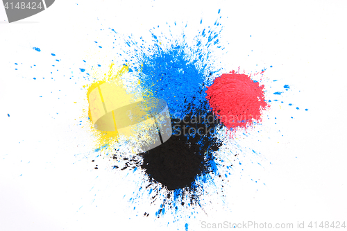 Image of cmyk toner powder (cyan, magenta, yellow, black)