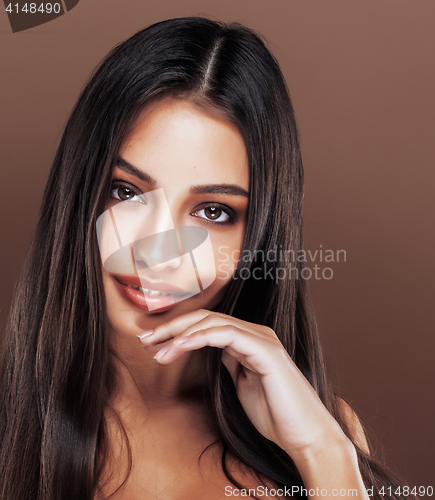 Image of cute happy young indian woman in studio close up happy smiling, fashion mulatto adorable smile, lifestyle people concept