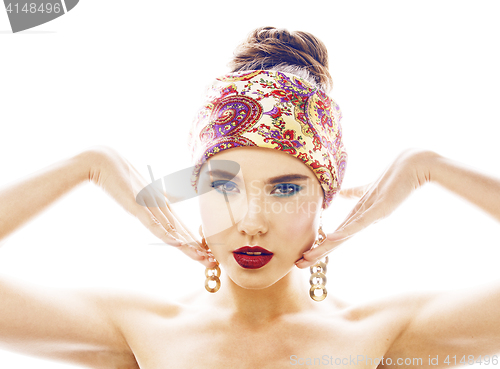 Image of young pretty modern girl with bright shawl on head emotional posing isolated on white background, asian people ethnicity