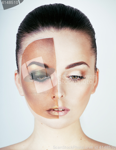 Image of half faced woman before tanning and after, creative make up