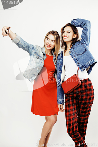 Image of best friends teenage girls together having fun, posing emotional on white background, besties happy smiling, lifestyle people concept