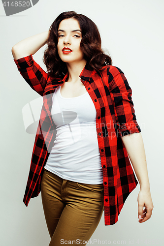 Image of young pretty stylish hipster girl posing emotional isolated on white background happy smiling cool smile, lifestyle people concept