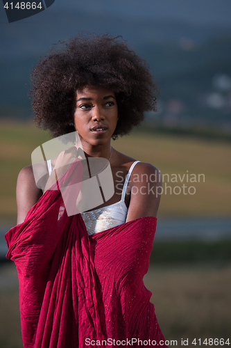 Image of outdoor portrait of a black woman with a scarf