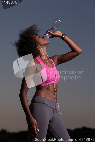 Image of african american woman drinking water after jogging in nature