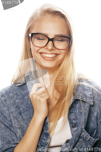 Image of young pretty girl teenager in glasses on white isolated blond ha