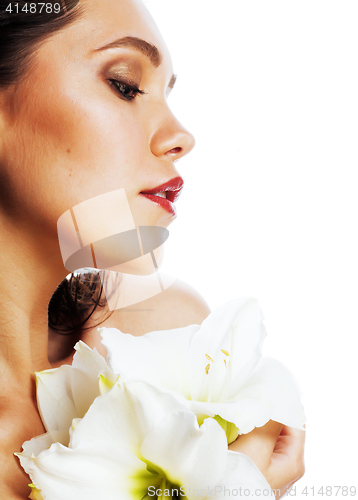 Image of young pretty woman with  Amarilis flower close up isolated on wh