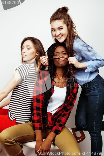 Image of diverse multi nation girls group, teenage friends company cheerful having fun, happy smiling, cute posing isolated on white background, lifestyle people concept, african-american and caucasian