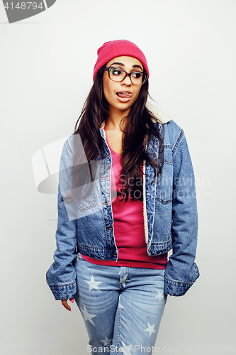 Image of young happy smiling latin american teenage girl emotional posing on white background, lifestyle people concept, school uniform wearing glasses