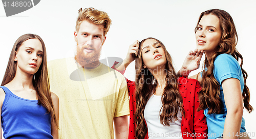 Image of company of hipster guys, bearded red hair boy and girls students having fun together friends, diverse fashion style, lifestyle people concept isolated on white background