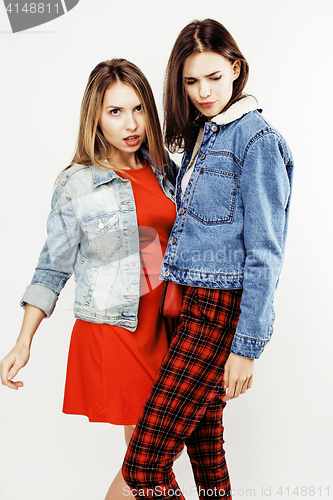 Image of best friends teenage girls together having fun, posing emotional on white background, besties happy smiling, lifestyle people concept