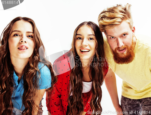 Image of company of hipster guys, bearded red hair boy and girls students having fun together friends, diverse fashion style, lifestyle people concept isolated on white background