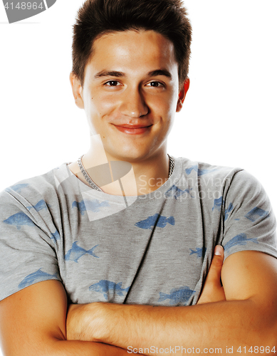 Image of young handsome brunete man emotional posing on white background 