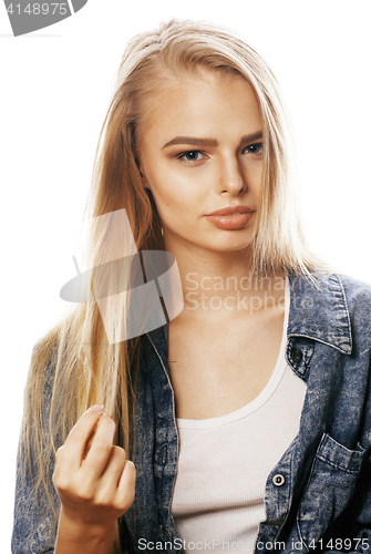 Image of young blond woman on white backgroung gesture thumbs up, isolate