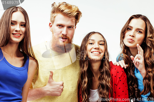Image of company of hipster guys, bearded red hair boy and girls students having fun together friends, diverse fashion style, lifestyle people concept isolated on white background