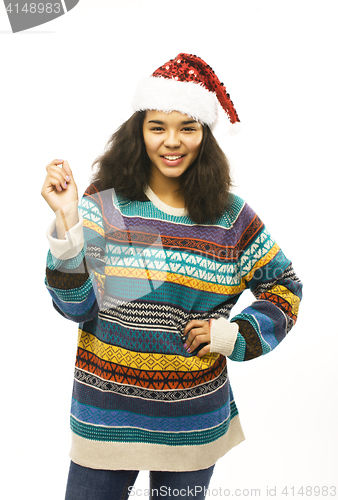 Image of cute young real african hipster girl in santas red hat isolated 