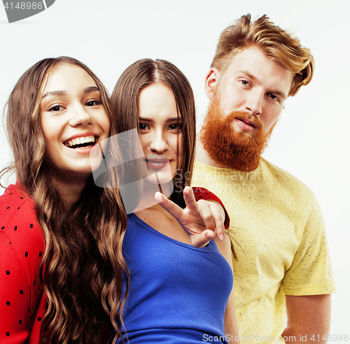 Image of company of hipster guys, bearded red hair boy and girls students having fun together friends, diverse fashion style, lifestyle people concept isolated on white background