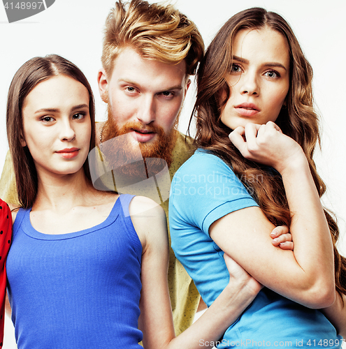 Image of company of hipster guys, bearded red hair boy and girls students having fun together friends, diverse fashion style, lifestyle people concept isolated on white background