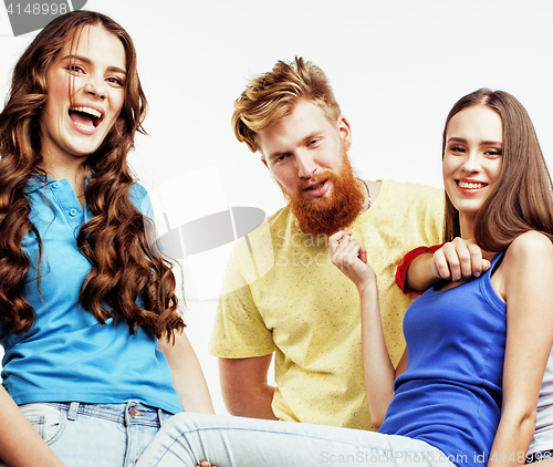 Image of company of hipster guys, bearded red hair boy and girls students having fun together friends, diverse fashion style, lifestyle people concept isolated on white background