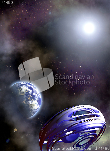 Image of Space scenario. Abstract fantastic Space ship and the Earth in the Space